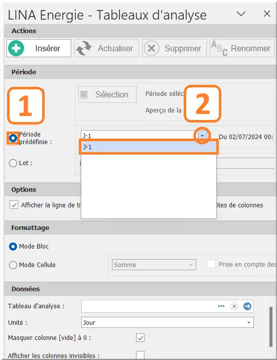 Période prédéfinie bloc data Excel